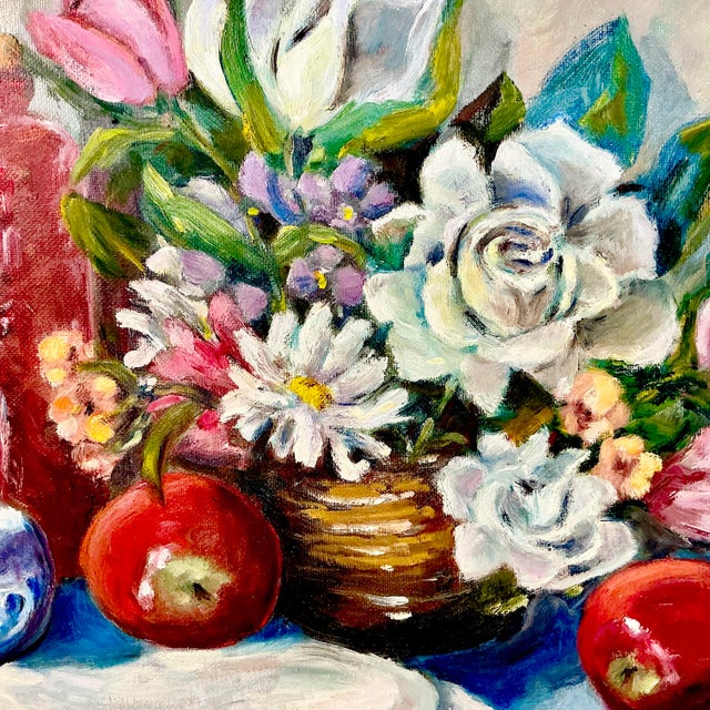 1960s Original Oil Painting Impressionist Red Bottle & Flora Still Life by Edith Weir For Sale - Image 12 of 13