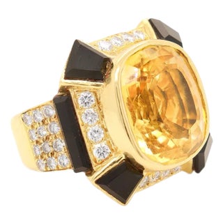 Vintage 18k Yellow Gold, Citrine, Onyx, and Diamond Cocktail Ring For Sale