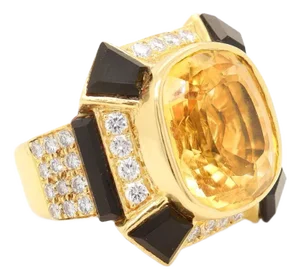 Vintage 18k Yellow Gold, Citrine, Onyx, and Diamond Cocktail Ring