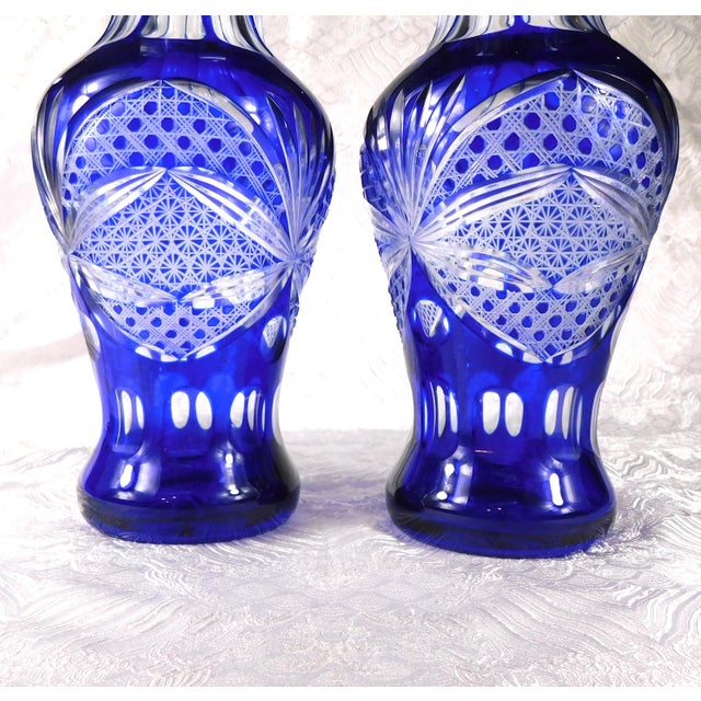 1970s Pair of Two Blue Cut to Clear Vases For Sale - Image 5 of 7