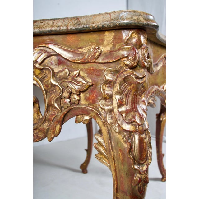 Pair of Painted and Gilded Consoles, Faux Marble Top, Haute Hollywood For Sale - Image 11 of 12