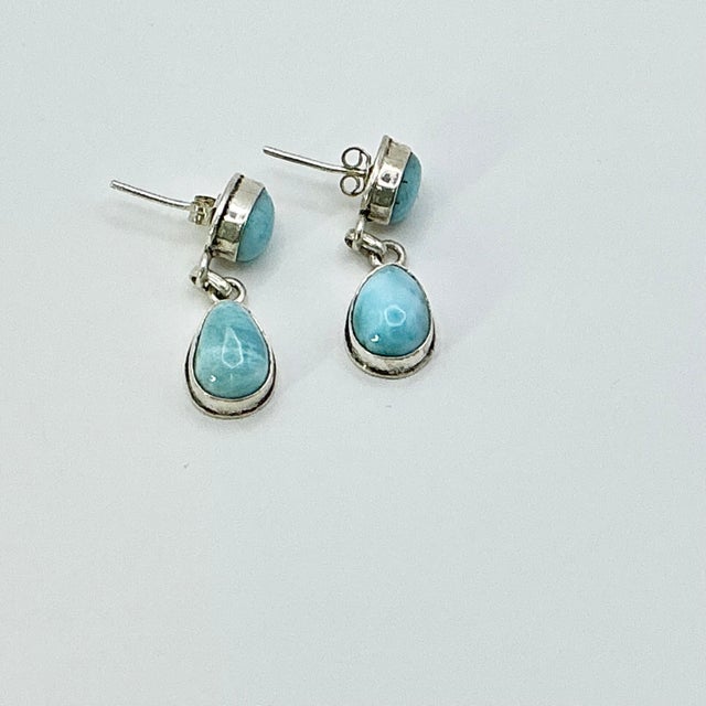 Sky Blue 1970s Vintage Southwestern Boho Chic Blue Larimar & Sterling Drop Dangle Earrings - A Pair. For Sale - Image 8 of 11