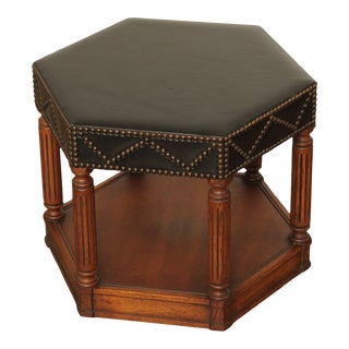 Heritage Grand Tour Walnut and Black Leather Hexagonal Taboret Ottoman For Sale