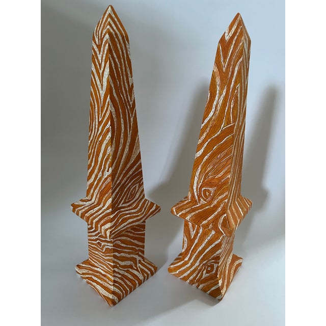 Orange Hand Painted Chinese Faux Bois Style Obelisks a Pair For Sale - Image 8 of 12