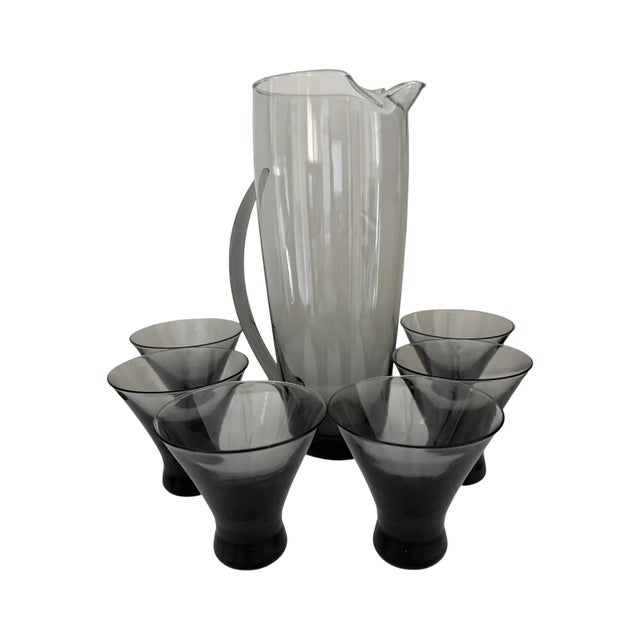 Mid-Century Modern 1960s Mid-Century Modern Morgantown Glass “Normandie” Smoke Gray Pitcher & Six Glasses - 7 pcs For Sale - Image 3 of 10