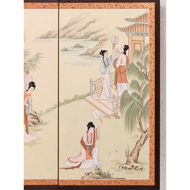 1970s Chinese Hand-Painted Silk Four-Panel Folding Screen | Attributed to Yang Zhi | Hong Kong For Sale - Image 16 of 18