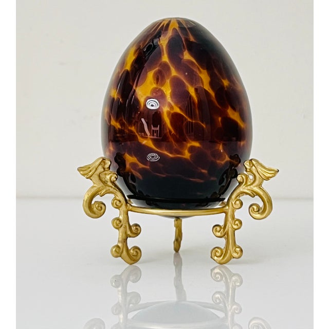 Amber Vintage Decorative Amber Tortoiseshell Glass Egg on Gilt Metal Stand For Sale - Image 8 of 10
