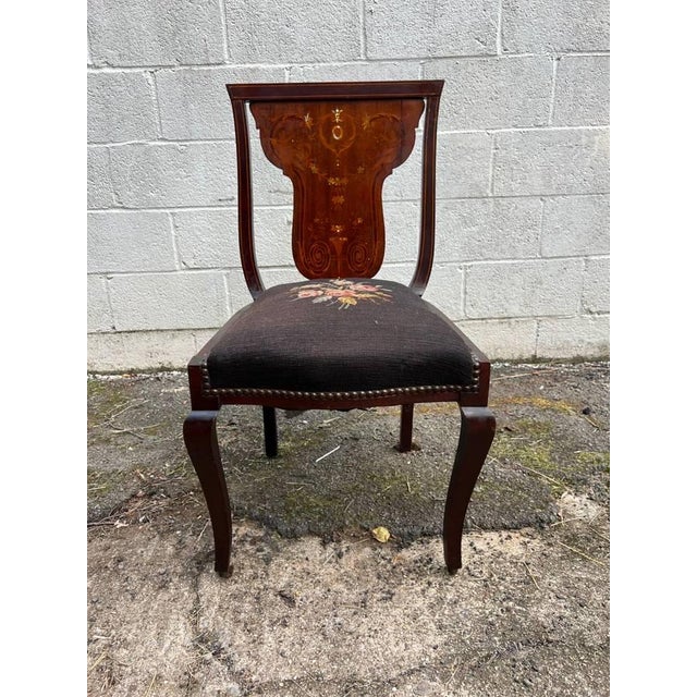 Brown 19th Century Antique Victorian Style Mahogany Marquetry Inlaid Needlepoint Side Chair For Sale - Image 8 of 12
