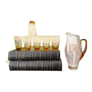 Vintage Amber Glass Pitcher and Six Glasses Set Hand Blown Poland Mid Century Barware For Sale