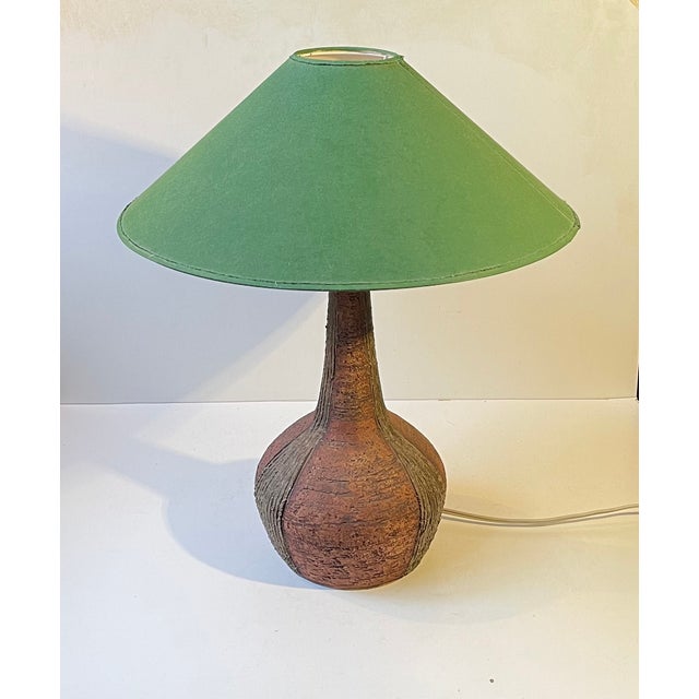 Large Danish Stoneware Table Lamp with Green Shade from Sejer, 1970s For Sale - Image 6 of 14
