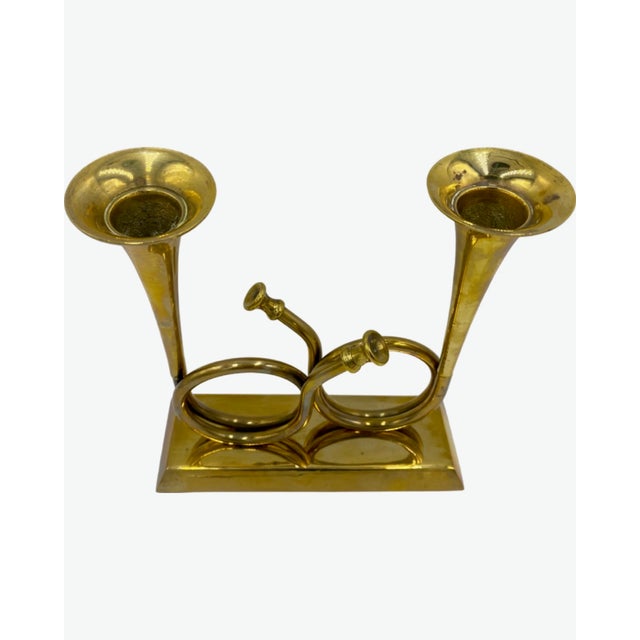 Metal Vintage Single Gold Brass Horn Double Candle Holder Christmas Holiday Decor For Sale - Image 7 of 12