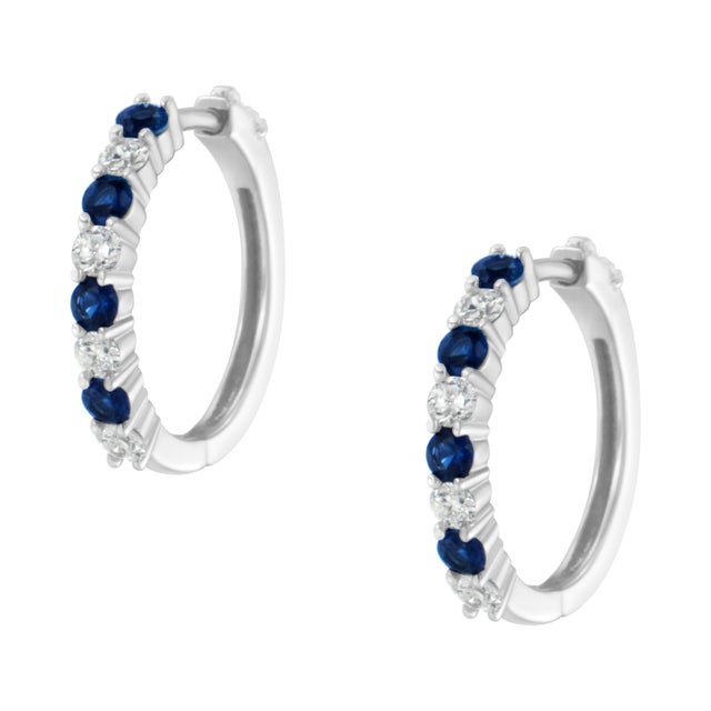 Contemporary 10K White Gold, ½ Cttw Diamond, & ½ Cttw Lab-Grown Blue Sapphire Leverback Hoop Earrings (H-I Color, I1-I2 Clarity) For Sale - Image 3 of 6