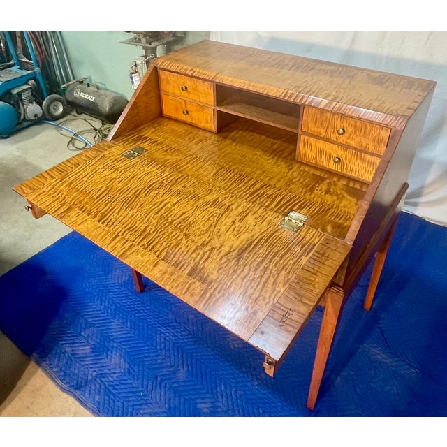 Tan Tiger Maple Bench Made Drop Front Secretary Desk on Frame Late 20th Century For Sale - Image 8 of 18