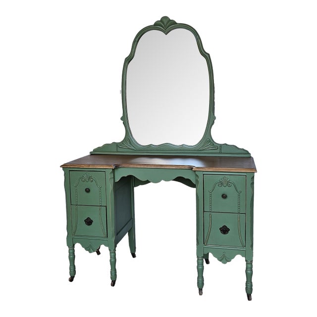 Vanity With Mirror, Vintage Piece, Circa 1930's, Green Boho Style For Sale