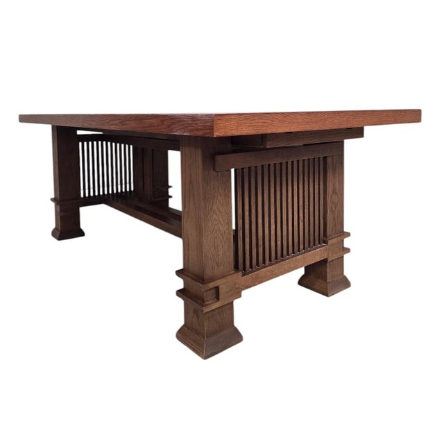 Custom Arts & Crafts Mission Style Oak Dining Table with Six High-Back Chairs Exceptional custom-crafted dining set in the...