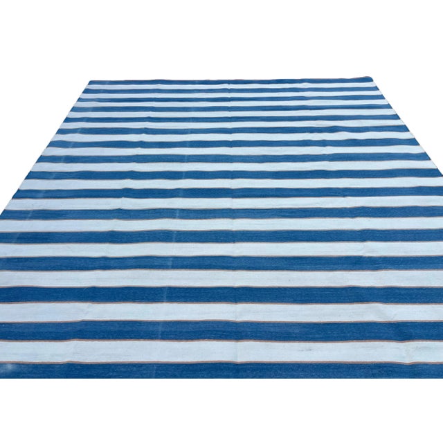 Sky Blue Handwoven Cotton Rug, Vegetable Dyed Sky Blue, Cream and Orange Striped Dhurrie - 10'x14' For Sale - Image 8 of 12