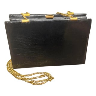 1950s High Quality Embossed Black Leather and Brass Italian Shoulder Bag For Sale