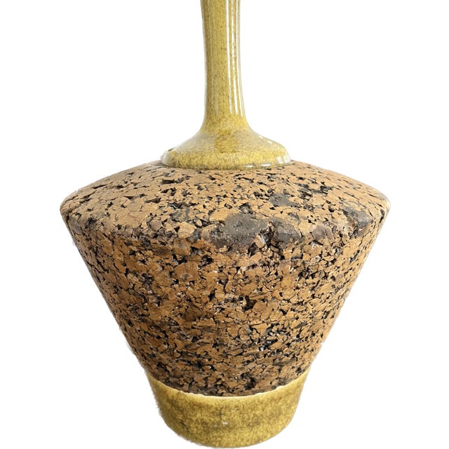Really nice Mid century modern cork table lamp. Yellow ceramic, brass metal. Circa 1950s. No shade. Tall but light weight.