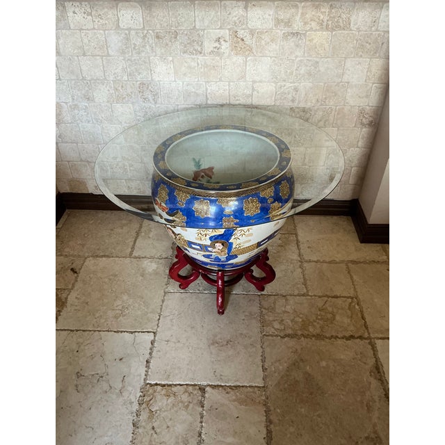 Asian Mid 20th Century Large Hand‑Painted Asian Motif Fishbowl Table With Glass Top & Wood Stand For Sale - Image 3 of 12