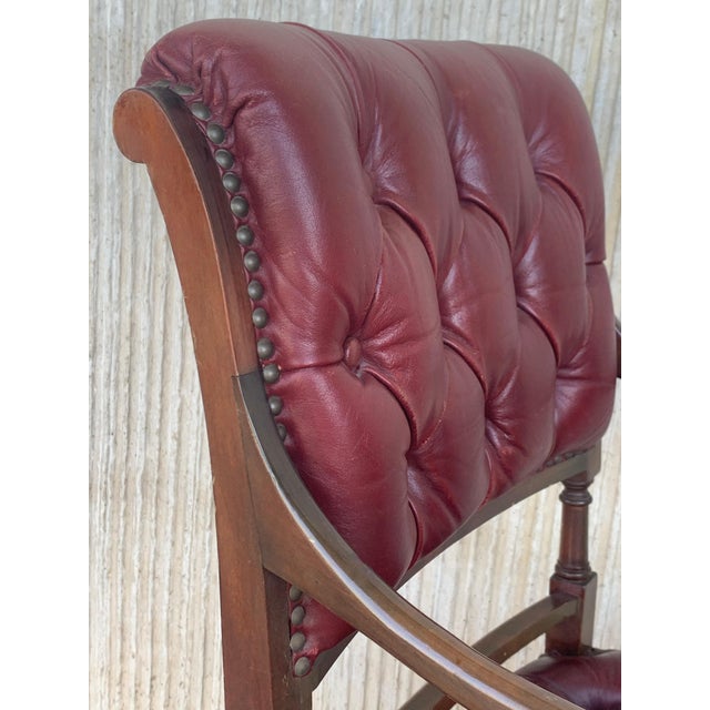 Set of Ten Restored Early 20th Century Chesterfield Hardwood Red Leather Dining Armchairs For Sale - Image 13 of 18
