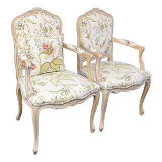Louis XV-Style Floral Upholstery Armchairs, Pair For Sale