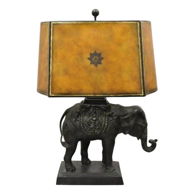 Late 20th Century Maitland Smith Bronze Figural Elephant Table Lamp Faux Tooled Leather Shade (A) For Sale