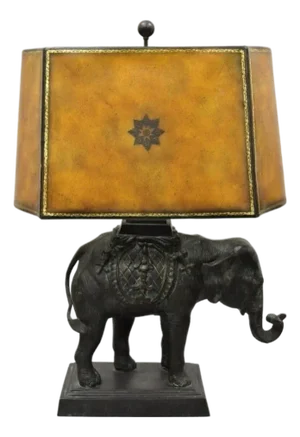 Late 20th Century Maitland Smith Bronze Figural Elephant Table Lamp Faux Tooled Leather Shade (A)