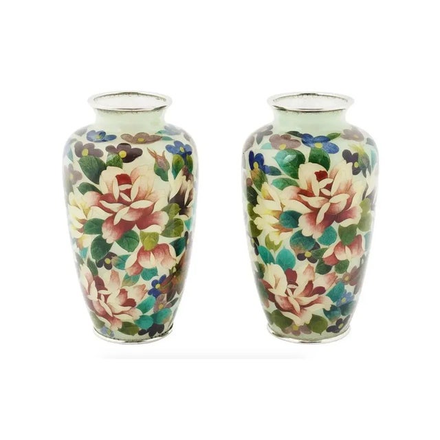 Antique Japanese Floral Plique a Jour Enamel Vases - a Pair For Sale - Image 4 of 5
