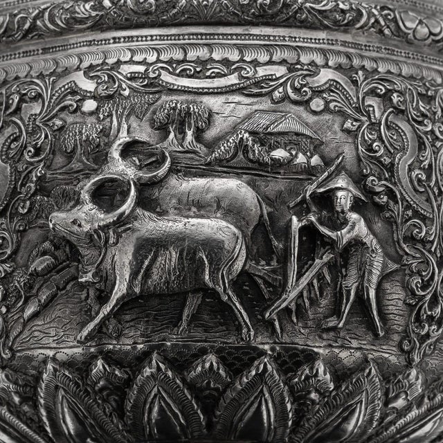 Antique Burmese Repoussé Silver Jataka Tales Bowl, 1910 For Sale - Image 12 of 18