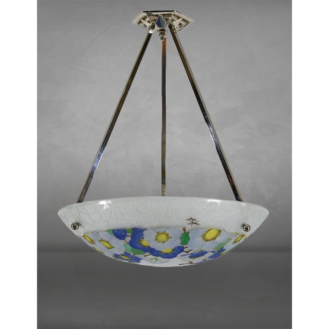 Loys Lucha French Art Deco Pendant Light 1930s - Blue White Floral Enameled Bowl For Sale - Image 11 of 13
