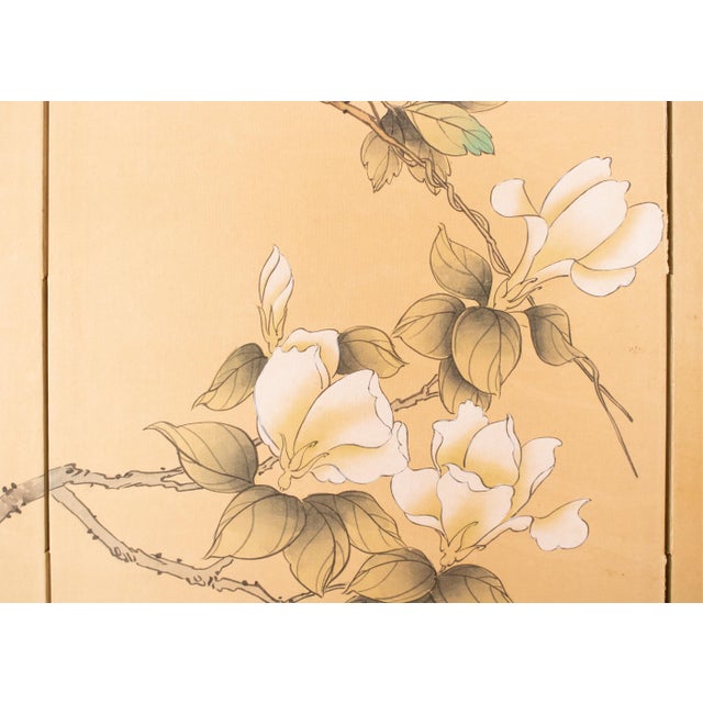 C. 1970s Maitland Smith, Painted Folding Screen "Magnolia and Sparrows" For Sale - Image 9 of 18