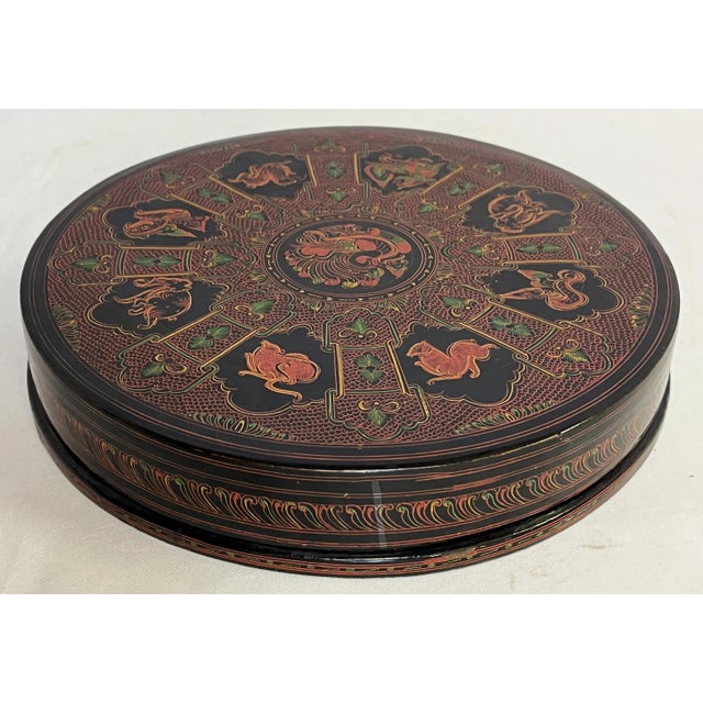 Vintage Chinese Zodiac Black Lacquered Box With Seven Compartments For Sale - Image 9 of 12
