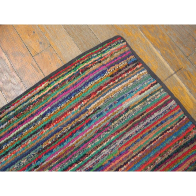 Abstract 1920s Multicolor Stripe Geometric Antique American Hooked Rug 6' 6" X 11' 2" Hand Knotted Wool Carpet For Sale - Image 3 of 4