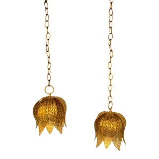Hollywood Regency Brass Filigree Tulip Double Swag Pendant Light For Sale