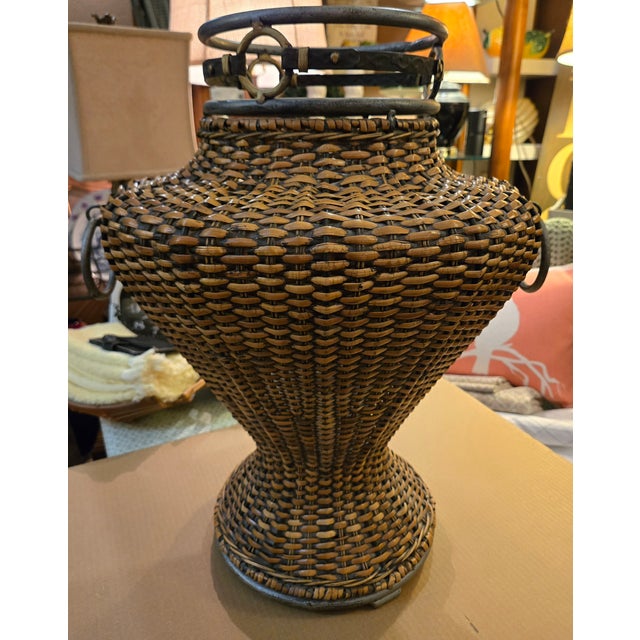 Wood Large Vintage Woven Rattan Floor Vase With Metal Accent For Sale - Image 7 of 7