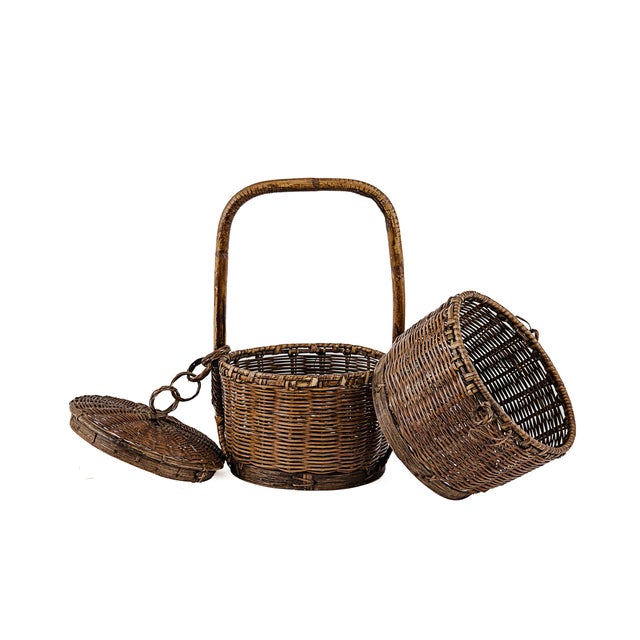 Vintage Antique Small 2 (Two) Tier Chinese Wedding Basket made of woven bamboo and rattan. Historically used for...