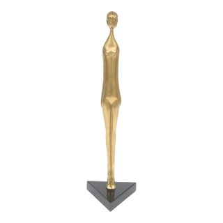 Vintage Brass Elongated Female Standing Sculpture on Black Granite Base For Sale