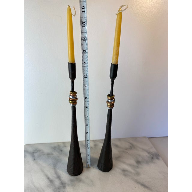 Pair Rustic Forged Iron Candlestick Holders With Mixed Metal Rings Luis Marquez Sekoya Originals For Sale In Seattle - Image 6 of 6