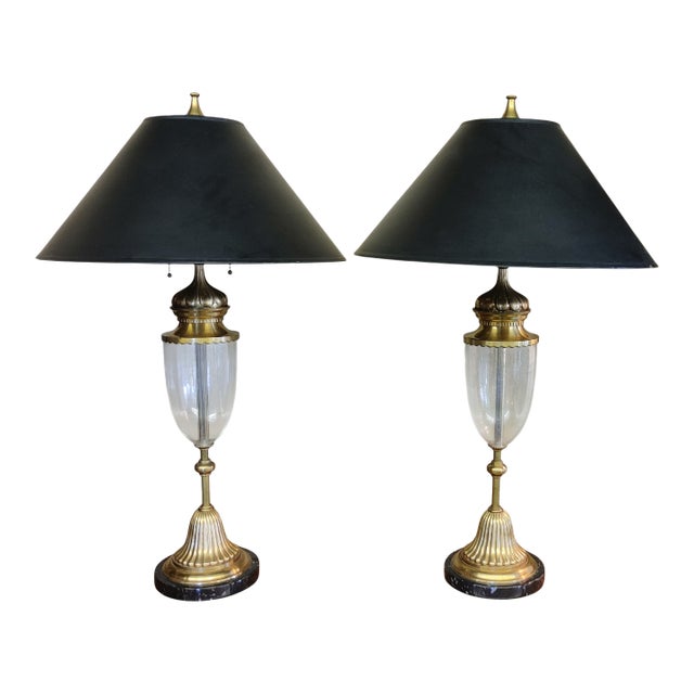 Vintage Chapman Hollywood Regency Style Brass Glass Table Lamps - a Pair For Sale