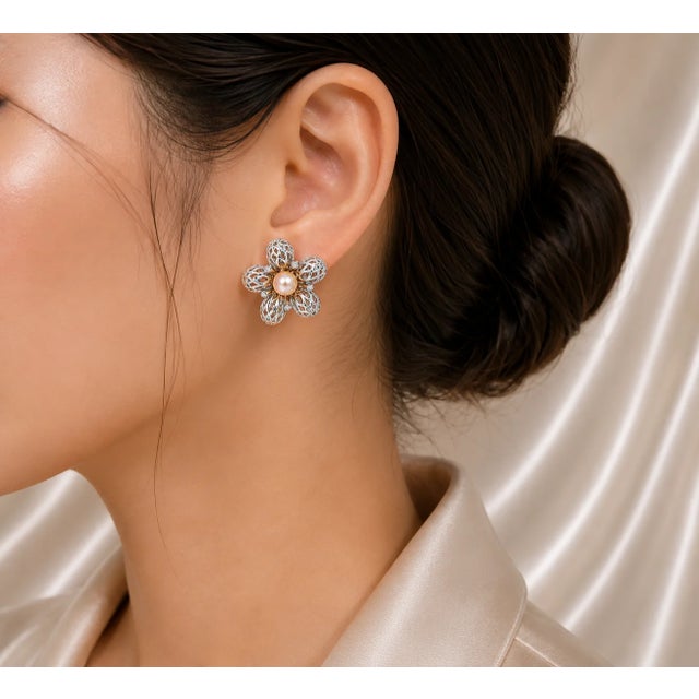 Art Deco 1970s 14K White Gold Pearl Diamond Filigree Lace Floral Earrings, Pair For Sale - Image 3 of 3