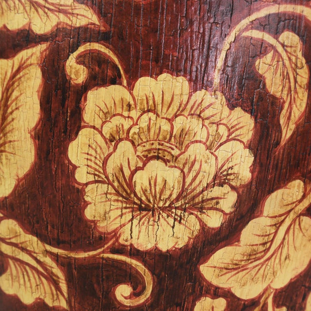 Vintage Hand Painted Brown and Cream Floral Ceramic Table Lamp With Peony Motif and Wood Base For Sale - Image 12 of 13