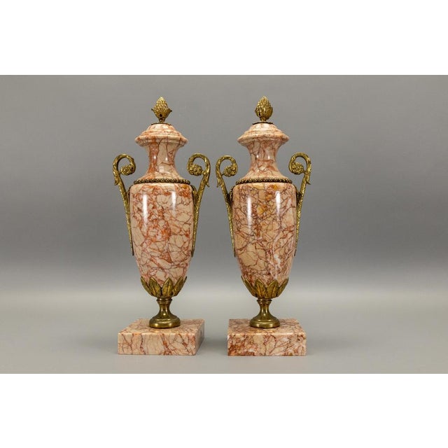 Metal Neo-Classical French Pink Marble Urns with Bronze Mounts, 1920s, Set of 2 For Sale - Image 7 of 18