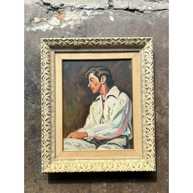 Vintage Boho Spanish Original Oil Portrait of Man For Sale In West Palm - Image 6 of 12
