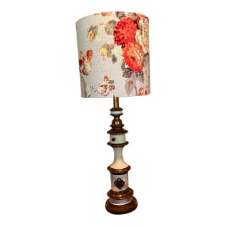 Vintage Stiffel Cream Enamel and Brass Lamp With Floral Lampshade For Sale