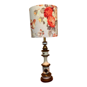 Vintage Stiffel Cream Enamel and Brass Lamp With Floral Lampshade
