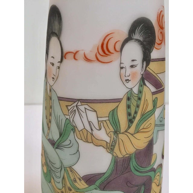 Japanese Opaline White Glass Vase Hand Painted with Geishas 1950s For Sale - Image 11 of 12