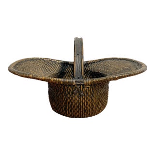 Vintage Primitive Handwoven Split Reed Gathering Basket With Handle For Sale