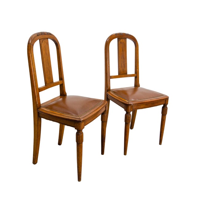 Set of Art Deco Dining Chairs in Walnut and Skai, 1930 For Sale - Image 3 of 9