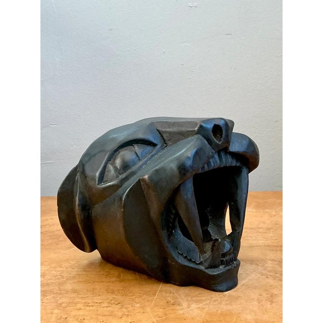 Ebony Vintage Hand-Carved Wooden Panther Head For Sale - Image 8 of 12