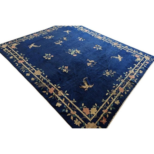 Royal Blue 1920s Blue Floral Bird Deco Antique Chinese Peking Wool Rug 8'1'' X 9'5'' For Sale - Image 8 of 9